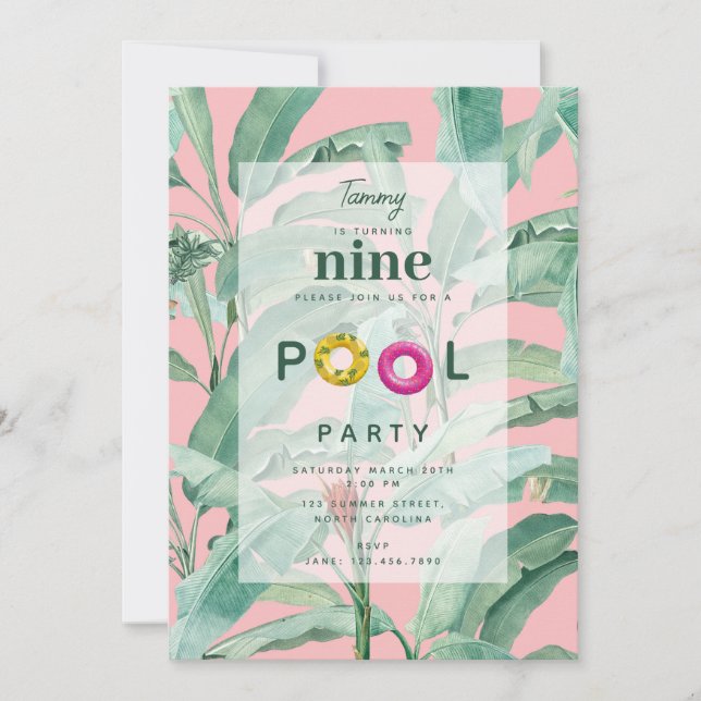 Pink Modern Tropical Banana Palm Leaves Birthday Invitation (Front)