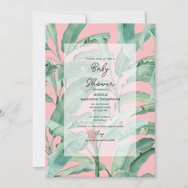 Pink Modern Tropical Palm Leaves Baby Shower Invitation (Front)