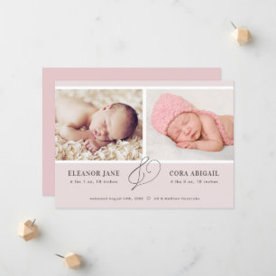 Pink Modern Twin Girls Photo Birth Announcement