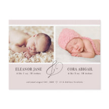 Pink Modern Twin Girls Photo Birth Announcement