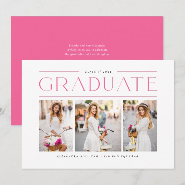 Pink Modern Typography Photo Collage Graduation Invitation (Front/Back)