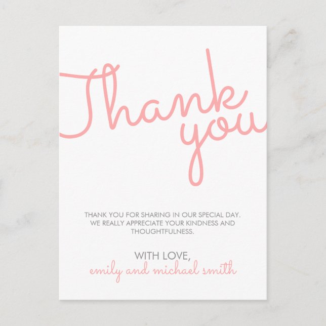 Pink Modern Typography Wedding Thank You Postcard (Front)