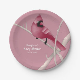 Pink Modern Watercolor Cardinal Bird Paper Plate