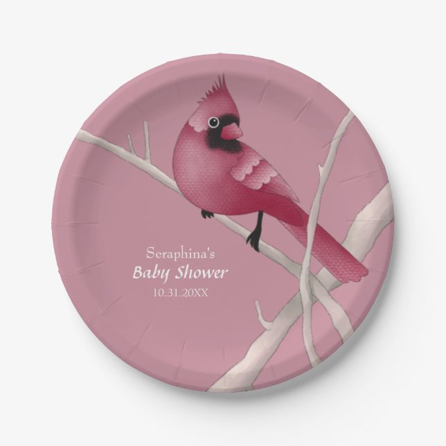 Pink Modern Watercolor Cardinal Bird Paper Plate (Front)