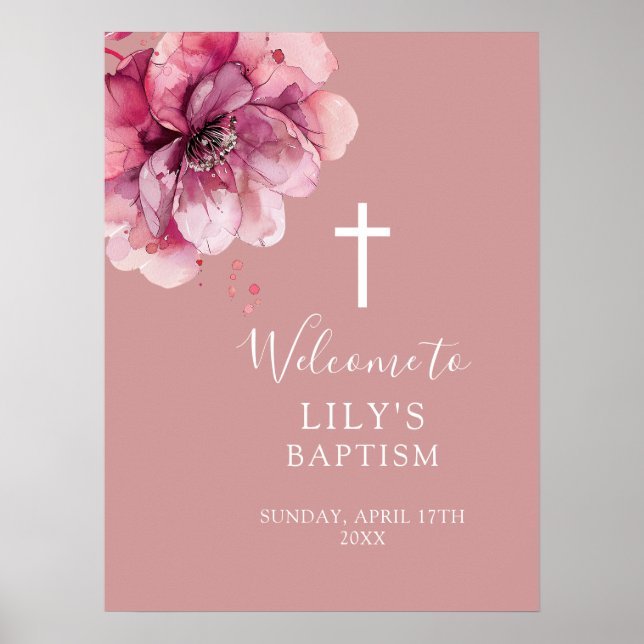 Pink Modern Watercolor Floral Baptism Welcome Sign (Front)