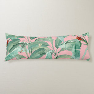 Pink Modern Watercolor Tropical Banana Palm Leaves Body Cushion