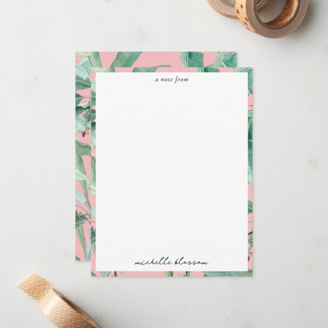 Pink Modern Watercolor Tropical Banana Palm Leaves Card (Front/Back In Situ)