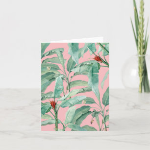 Pink Modern Watercolor Tropical Banana Palm Leaves Card