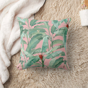 Pink Modern Watercolor Tropical Banana Palm Leaves Cushion