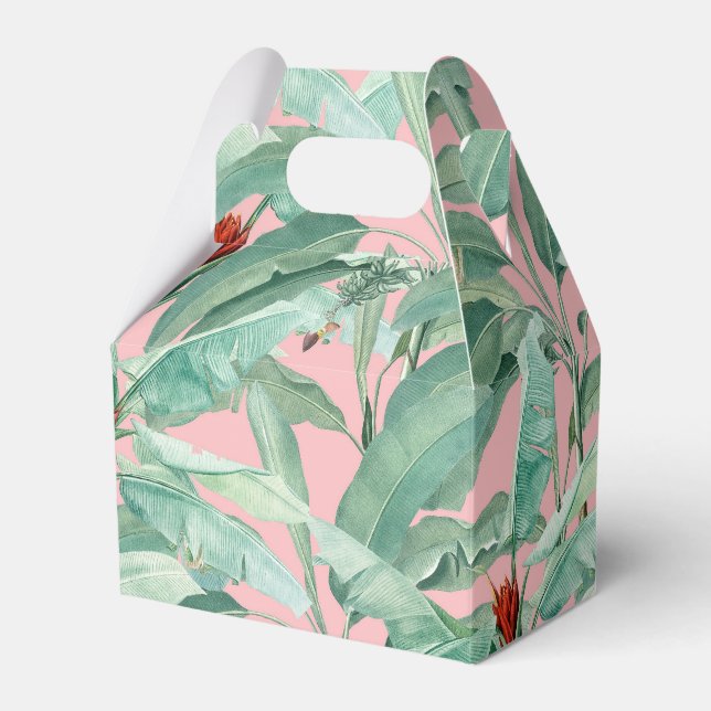 Pink Modern Watercolor Tropical Banana Palm Leaves Favour Box (Front Side)