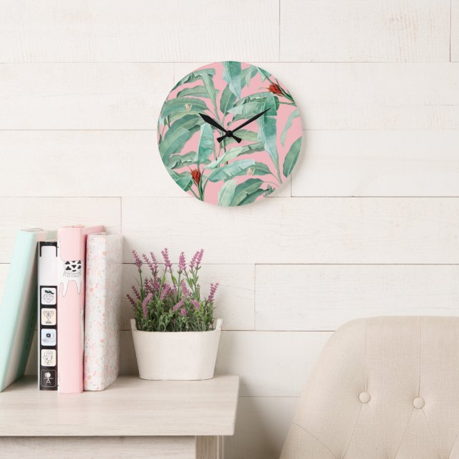 Pink Modern Watercolor Tropical Banana Palm Leaves Large Clock (Reading Room)