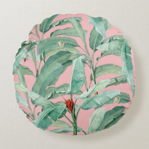 Pink Modern Watercolor Tropical Banana Palm Leaves Round Cushion