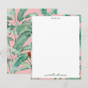 Pink Modern Watercolor Tropical Banana Palm Leaves Thank You Card