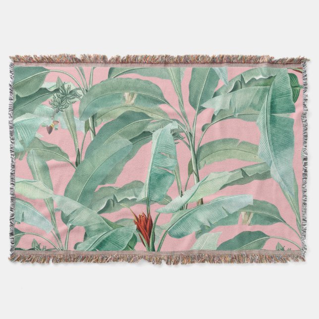Pink Modern Watercolor Tropical Banana Palm Leaves Throw Blanket (Front)
