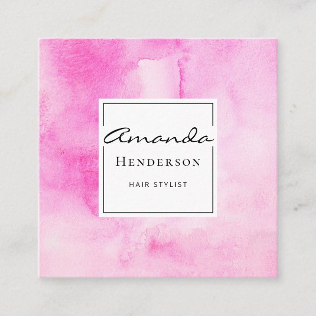Pink Modern Watercolors Brushstrokes Elegant Square Business Card (Front)