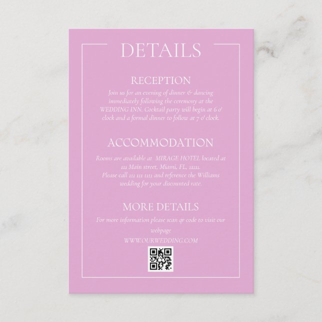 Pink Modern Wedding Details Enclosure Card (Front)