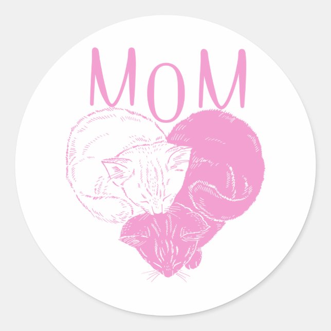 Pink MOM Heart Cats Classic Round Sticker (Front)