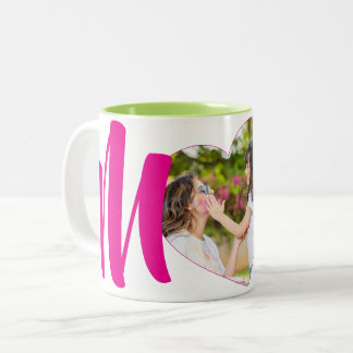 Pink "MoM" Photo Heart Personalised Two-Tone Coffee Mug