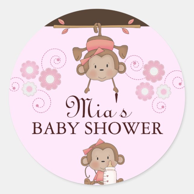 Pink Monkey Baby Shower Sticker (Front)