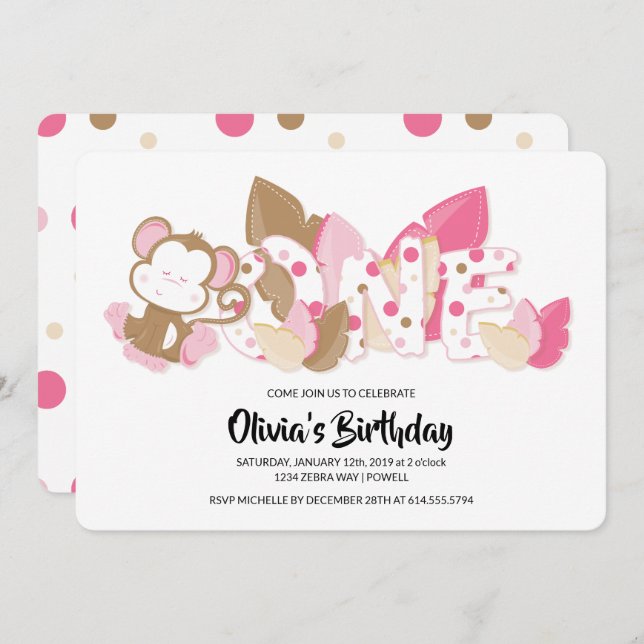 Pink Monkey First Birthday Party Invitation (Front/Back)