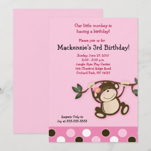 Pink Monkey Girl Birthday Invitation