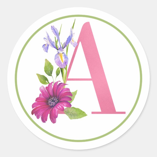 PINK MONOGRAM A WITH SUMMER FLOWERS CLASSIC ROUND STICKER (Front)