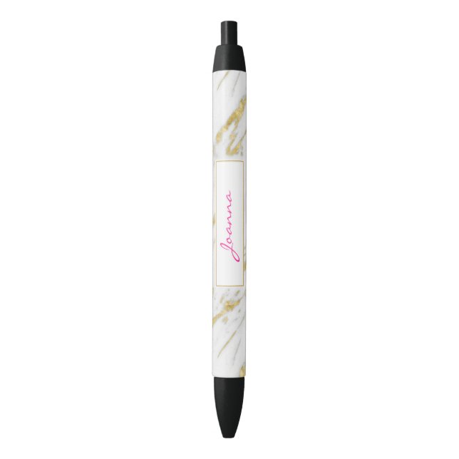 Pink Monogram And White Marble Stone Black Ink Pen (Front Vertical)
