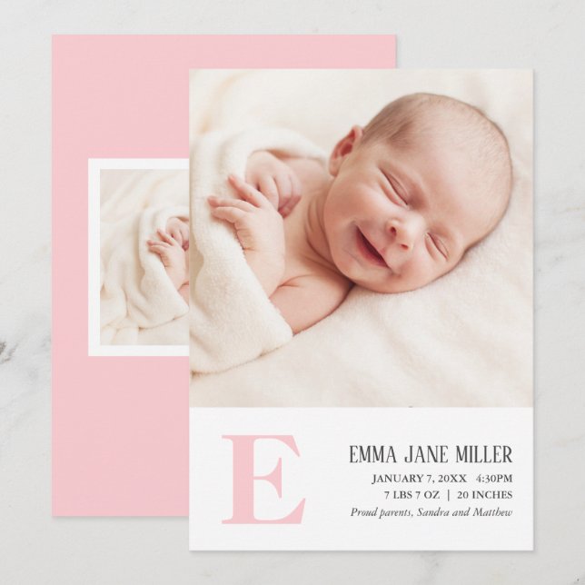 Pink Monogram Baby Birth Announcement Photo Card (Front/Back)