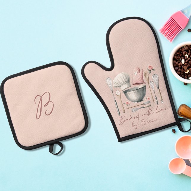 Pink Monogram Baking  Oven Mitt & Pot Holder Set (Creator Uploaded)