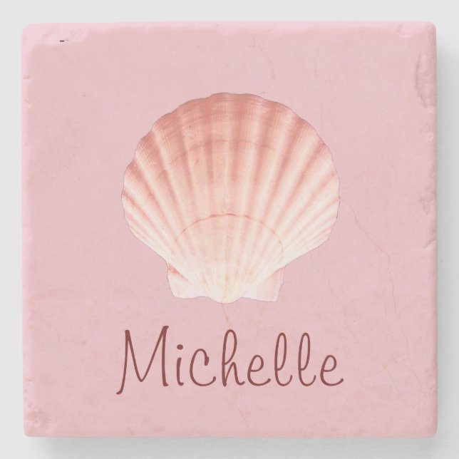 Pink Monogram Beach Scallop Sea Shell Stone Coaster (Front)