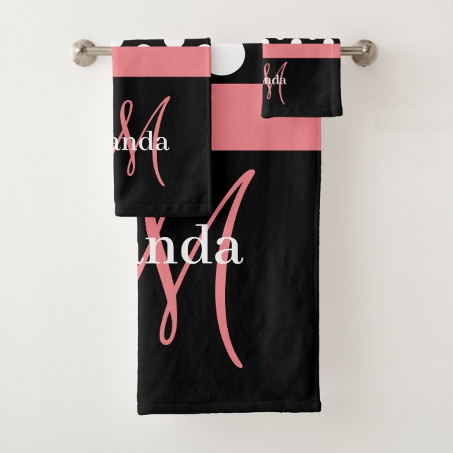 Pink Monogram Black White Polka Dot Bath Towel Set (Insitu)