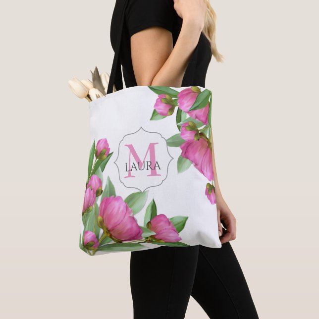 Pink Monogram Custom Elegant Botanical Peonies Tote Bag (Close Up)
