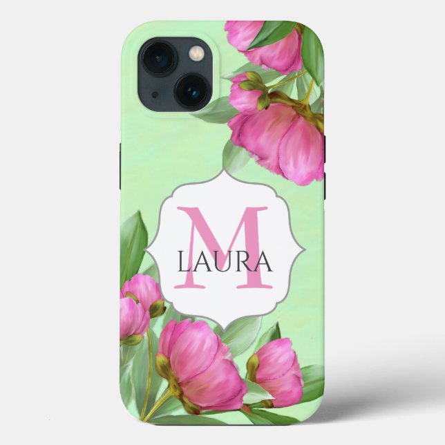 Pink Monogram Custom Floral Botanical Peonies Case-Mate iPhone Case (Back)
