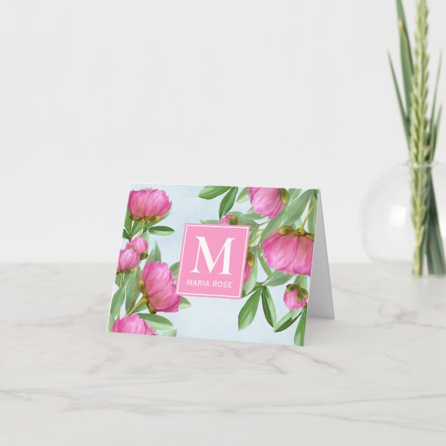 Pink Monogram Custom Floral Greenery Peonies Note Card (Front)