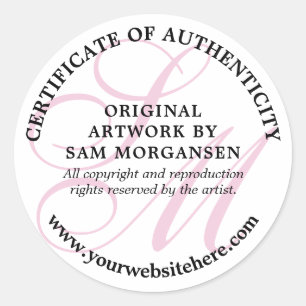 Pink Monogram Elegant Certificate of Authenticity Classic Round Sticker