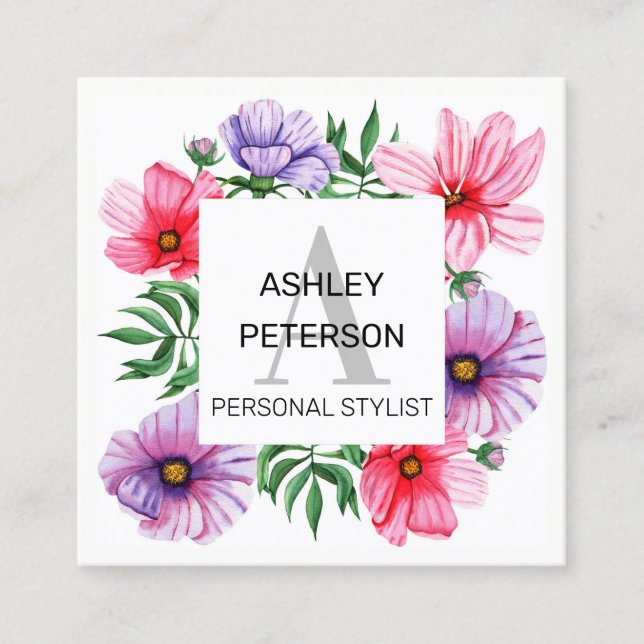 Pink Monogram Floral Girly Cute Personalised Square Business Card (Front)