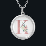 Pink Monogram Floral Letter K Watercolor Bouquet Silver Plated Necklace<br><div class="desc">Monogram necklace with your initial in pretty glitter and watercolor flowers. The floral letter K is designed in dusty pink glitter, embellished with a bouquet of pink and ivory flowers and greenery. A lovely gift for any woman and any occasion. Also a lovely idea as a wedding favour, for bridesmaids...</div>