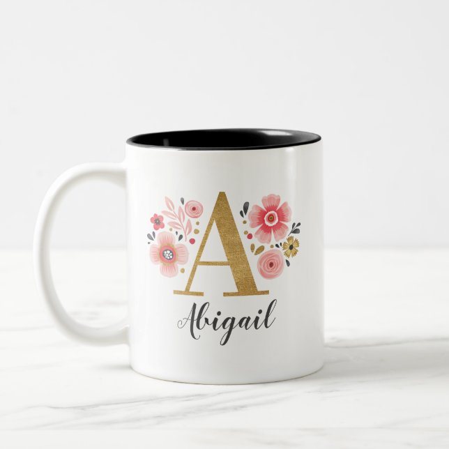 Pink Monogram Floral Two-Tone Coffee Mug (Left)