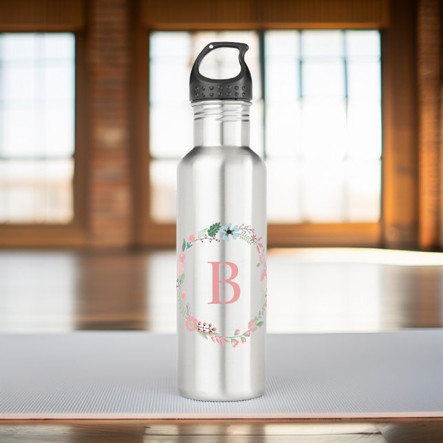 Pink Monogram Floral Wreath 710 Ml Water Bottle (Creator Uploaded)