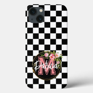 pink Monogram Flower black and white Chequered Cas iPhone 13 Case