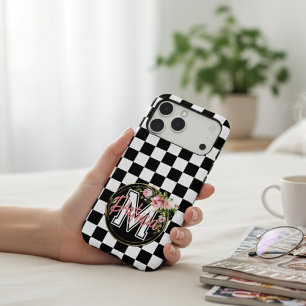 pink Monogram Flower black and white Chequered Cas iPhone 13 Case