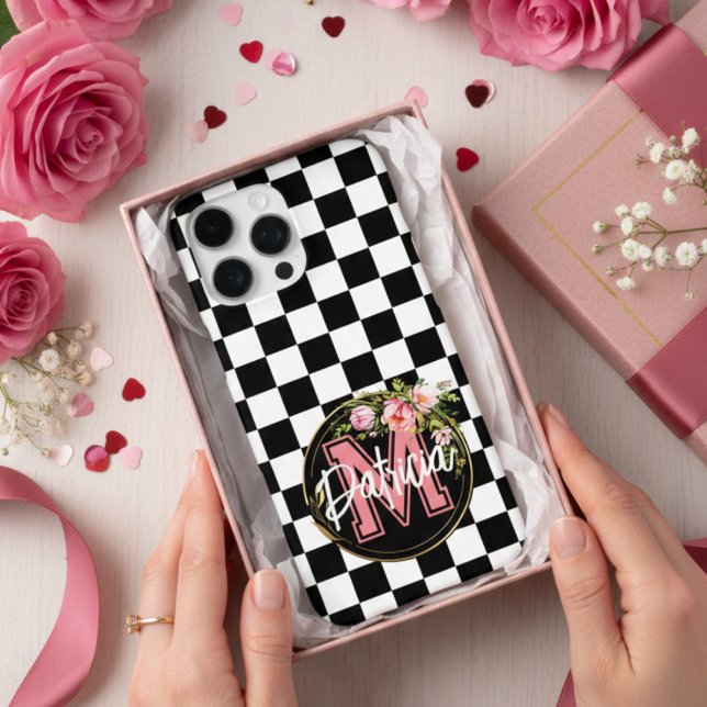 pink Monogram Flower black and white Chequered Cas Case-Mate iPhone Case (Creator Uploaded)