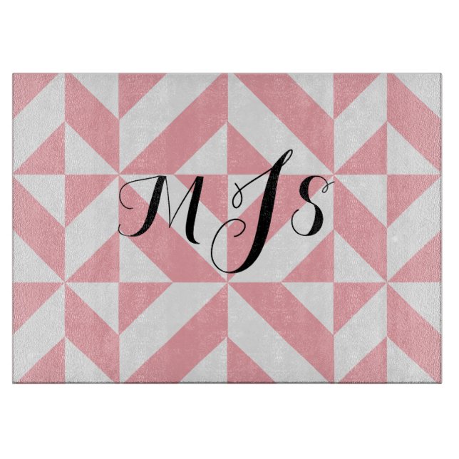 Pink Monogram Geometric Deco Cube Pattern Cutting Board (Front)