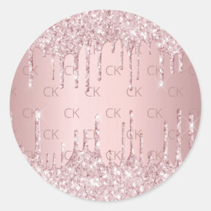 Pink monogram glitter drips dusty rose classic round sticker