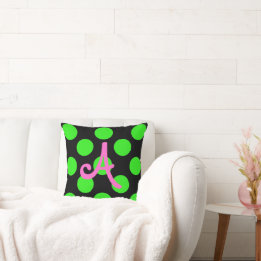 Pink Monogram Green Circles on Black Cushion