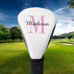 Pink Monogram Initial and Name Personalised Golf Head Cover<br><div class="desc">Custom printed golf head cover personalised with your name and monogram initial or other custom text. Use the design tools to choose any background colour,  edit fonts and colours or upload your own photos to create a unique one of a kind gift for your favourite golfer.</div>