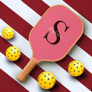 Pink Monogram Initial First Name Simple Minimal Pickleball Paddle