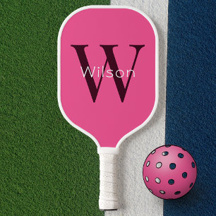Pink Monogram Initial & First Name Simple Pickleball Paddle