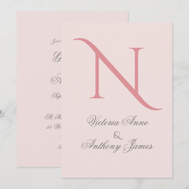 Pink Monogram Initial Wedding Invitation (Front/Back)