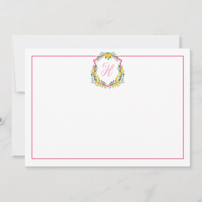 Pink Monogram Lemon Crest, Custom Thank You Card (Front)
